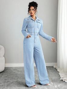 Elenzga 女士休闲优雅牛仔背带裤和连体裤 - 淺色水洗藍 - 查看 6