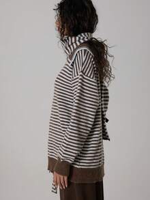 MUSERA Áo len cổ bẻ dáng rộng kẻ sọc, chi tiết khăn choàng cổ, kiểu dáng thường ngày dễ thương, ấm áp cho mùa đông, chất liệu Coco Cloud. - Nhiều màu - Xem 3