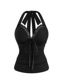 Sweetra Canotta con spalline a spaghetti e inserti in pizzo, top corto sexy con scollo a V profondo e senza maniche, canotta aderente con fiocco e spalline a spaghetti, blusa sexy con scollo a V e volant sul retro senza schienale per donne - nero - Visualizzare 1