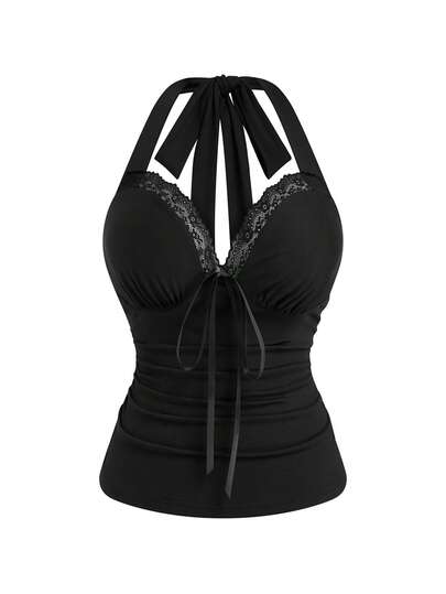 Sweetra Camiseta de tirantes finos con parches de encaje, Blusa corta sexy de cuello en V profundo sin mangas, Camiseta de tirantes finos ajustada con lazo, Blusa sexy sin espalda con volantes en el cuello en V para mujer