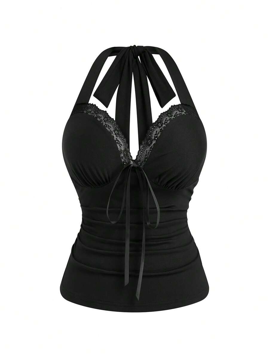 Sweetra Canotta con spalline a spaghetti e inserti in pizzo, top corto sexy con scollo a V profondo e senza maniche, canotta aderente con fiocco e spalline a spaghetti, blusa sexy con scollo a V e volant sul retro senza schienale per donne - nero - Visualizzare 1