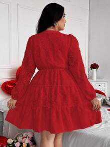 Vionelle Vestido de manga larga con cuello mao, abertura frontal y bajo jacquard, con elementos de San Valentín como rosa, corazón, lunares, amor, labios, cupido, flor 94D en tallas grandes - Rojo - Ver 2