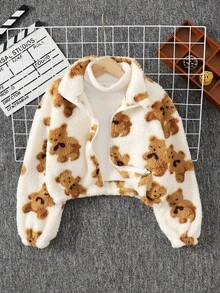 SHEIN Tween Girls' Loose Casual Fluffy Zip-Up Long Sleeve Jacket, Fuzzy Jacket, Teddy Bear Clothes, Teddy Bear Print Jacket, Teddy Bear Jacket, Plush Jacket - White - View 7