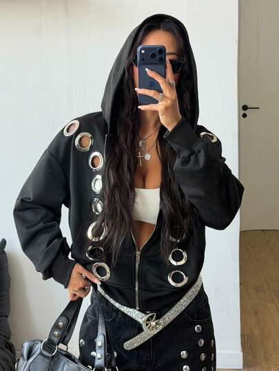 Coolane 女士秋冬街头风Y2K朋克风带口袋拉链舒适黑色连帽卫衣