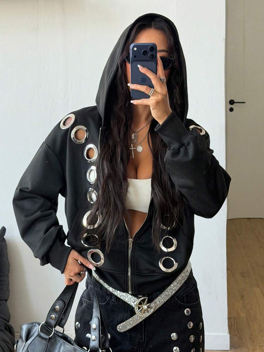 Coolane 女士秋冬街头风Y2K朋克风带口袋拉链舒适黑色连帽卫衣 - 黑色 - 查看 1