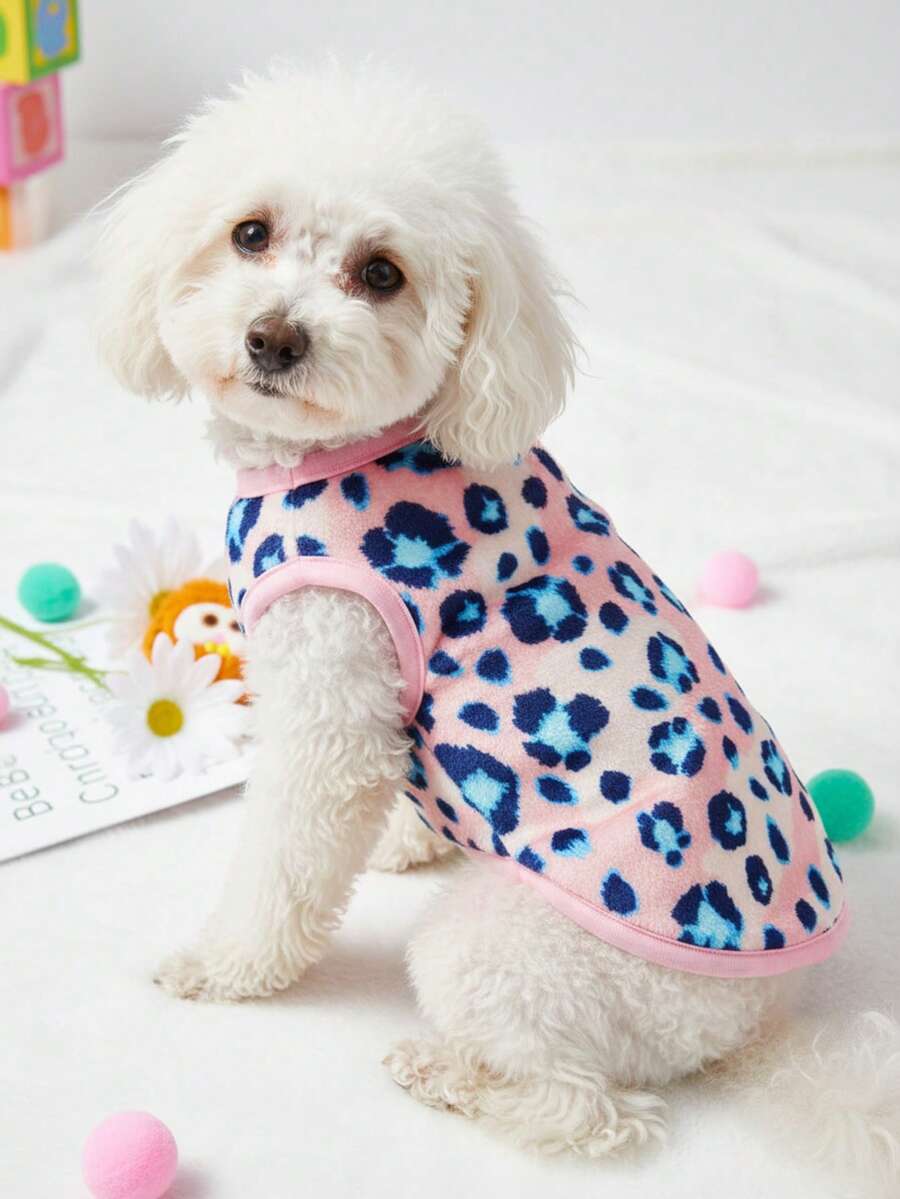 PETSIN 1件蓝色花朵印花宠物背心粉色秋冬加厚法兰绒保暖宠物服装 - 粉色 - 查看 1