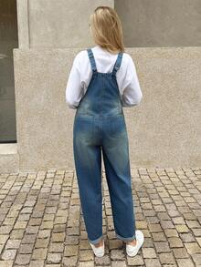 SHEIN Kombinezon ciążowy, swobodny, modny, patchworkowy, kieszeniowy, jednorzędowy, z rozcięciem na plecach, z jeansu, na szelkach, zimowy, wiosenny, świąteczny, noworoczny, święto dziękczynienia, dojazdy, wakacje, ukończenie szkoły, szykowny, na rok 2000, uroczy, streetwear, impreza, wesele, elegancki, biznesowy, swobodny, damski, swobodny, niebieski, jeansowy kombinezon z regulowanymi ramiączkami i zapięciem na guziki, idealny na ciążę, oddychający, jeansowy kombinezon zapinany z przodu na guziki - Niebieski - Zobacz 2