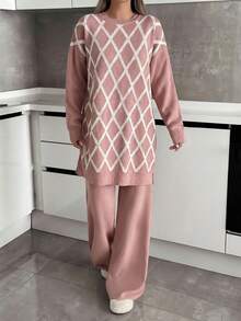 SHEIN Tall Tall Gold Lurex Jacquard Sweater Long Tunic And Solid Sweater Pants Set Elegant And Suitable For Modest Women Winter Sweater Set - Dusty Pink - View 3