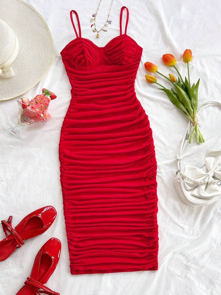 SHEIN WYWH Vestido mini elegante y sexy de malla fruncida con tirantes de espagueti, se puede usar interna o externamente, vestido largo rojo, adecuado para el Día de San Valentín, citas, estilo bohemio, vacaciones, ropa de mujer de otoño, vintage, días festivos - Rojo - Añade 5