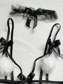 Fantasy Costume 5件套万圣节领结领子、心形绒球、猫耳镂空性感服装套装 - 黑與白 - 查看 5