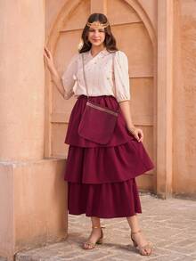 2pcs/Set Teenage Girls' Blouse + Skirt Set, Featuring Middle Eastern Color Palette And Modest Tailoring, Suitable For Ceremonies And School Events - Multicolor - View 6