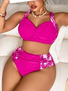 Slaydiva Plus Size High Waist Ruffle Bikini Top,Triangle Bottoms 2 Pieces Swimwear Set,Tummy Control Curve Bathing Suit,Hot Pink,Summer,Beach,Vacation,Holiday - Hot Pink - View 3