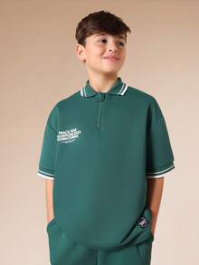 SUMWON Setelan Polo Oversize Track Star Champions Homecoming dengan Celana Panjang Lebar dan Detail Garis Kontras, Pakaian Kasual Serasi dengan Resleting dan Kerah Seperempat. - Dark Green - View 3