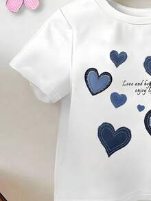 Baby Girls Denim Print T-Shirt Set, Heart Print Flare Pants, Blue Letter Print, Cute & Lively, Versatile All-Match 2-Piece Outfit, Suitable For Outings, All Seasons