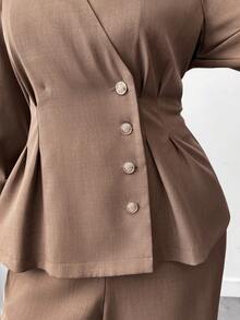 Elenzga Women's Elegant Puff Sleeve Single-Breasted Ruffle Blouse And Flare Pants Graceful 2 Pieces Set - Brown - View 3