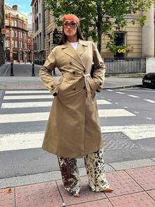 SHEIN EZwear 女士休闲系腰长袖风衣，秋冬款 - 卡其色 - 查看 6