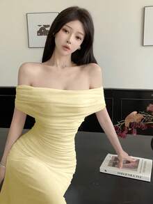 Modelyn Women's Off Shoulder Ruched Waist Elegant Wedding/Party Dress Off Shoulder Dress Pale Yellow Dress Elegant Dress - Light Yellow - View 3