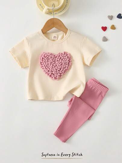 Cozy Pixies 2 piezas Conjunto de camiseta y pantalones para bebé/niña pequeña con gráfico de corazón, parte superior de punto de manga corta con cuello redondo y patrón de corazón bordado, pantalones con cintura elástica, lindo y cómodo, versátil para uso casual, deportivo, vacaciones, viajes y ocasiones