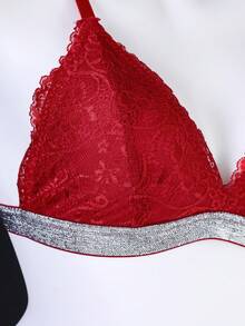 2pcs/Set Women Lace Sexy & Charming Romantic Silver Ribbon Lingerie Set - Burgundy - View 5