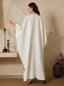 Al Najma Women's V-Neck Faux Pearl Decor Casual Loose Vacation Party Arabic Batwing Sleeve Dress Kaftan Jalabiya Dress - Apricot - View 7