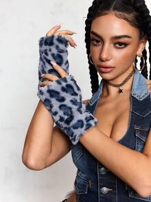 ROMWE Goth 1 Pair Y2K Stylish Sweet Casual Cute High-Quality Plush Warm Blue Faux Rabbit Fur Leopard Tiger Animal Print Gloves With Long Sleeve Cuff, Fingerless Mittens Combo Set, Suitable For Women Daily Outfit, Holiday Gift - Blue -1 - View 2