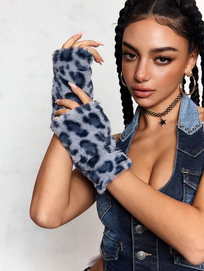 Goth 1 Pair Y2K Stylish Sweet Casual Cute High-Quality Plush Warm Blue Faux Rabbit Fur Leopard Tiger Animal Print Gloves With Long Sleeve Cuff, Fingerless Mittens Combo Set, Suitable For Women Daily Outfit, Holiday Gift