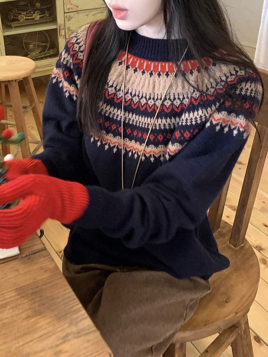 DAZY 女士休闲撞色印花毛衣，秋季 - 藏蓝色 - 查看 1