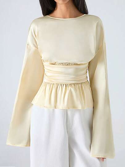 LYSMO 2026 New Arrive Minimalism Spring/Summer Women's  Light Yellow Top Solid Color Round Neck Drop Shoulder Long Sleeve Ruched Waist Ruffle Hem Fashion Blouse Casual Outfit For Women Going Out Outfits Streetwear Peplum Top Work Outfits Office Outfits For Women Summer Outfit For Women