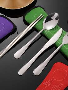 4 件套不锈钢餐具套装筷子刀叉勺（蓝色/紫色/粉色/绿色）和 3 件套银质餐具旅行餐饮必需品 - 彩色 - 查看 2