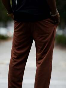 Heavens Edit Pantalones casuales para hombres de unicolor con cordón en la cintura - Café integral - Ver 4