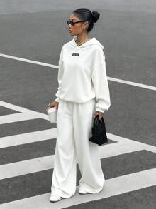 SHEIN EZwear 女士秋冬新款保暖宽松休闲连帽衫和运动裤两件套 - 白色 - 查看 3