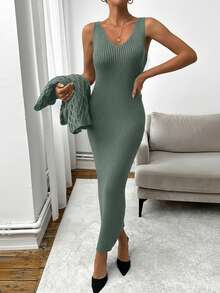 EURMUSE Women's Autumn/Winter Batwing Sleeve Sweater And Sleeveless Fitted Knit Dress Elegant 2-Piece Set - Mint Green - View 5