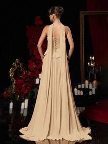 Glamrae 优雅香槟色不对称串珠抹胸长裙，搭配褶裥A字裙摆（可拆卸挂脖），适合约会、度假、派对、婚礼、正式场合等场合。 - 駝色 - 查看 2