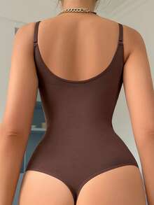 Women's Coffee Brown High Stretch Plain Backless Long Thong Bodysuit Casual Comfy Shapewear - Coffee Brown - View 2