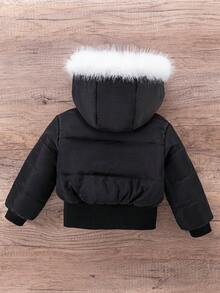 女童黑色连帽加厚高腰罗纹修身时尚羽绒服，秋冬季休闲百搭外套 - 黑與白 - 查看 2