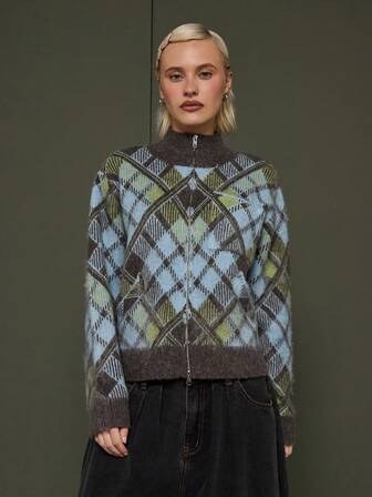 COUREZ High Neck Zip Up Jumper In Check/ Sweater For Women Y2K Winter Clothes For Women Cozy Fluffy Knit Casual Going Out Tops Party New Years