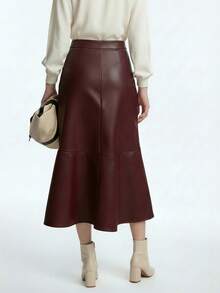 Aalyst Women's Burgundy Solid Color Leather Patchwork A-Line Ruffle Hem Midi Skirt,Elegant French Retro Street Style,Versatile For Autumn,Dining&Party - Maroon - View 2