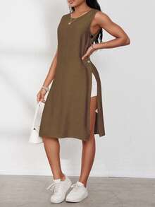 EMERY ROSE Áo sơ mi công sở thời trang không tay xẻ tà màu trơn dành cho nữ - màu nâu - Xem 4