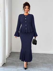 Elenzga 大码女装两件套，高弹针织宽条纹纹理面料，收腰设计，喇叭袖，鱼尾裙摆，优雅适合外出、下午茶、通勤等场合，时尚舒适，大码，深灰色，秋冬长袖连衣裙两件套 - 藏蓝色 - 查看 6