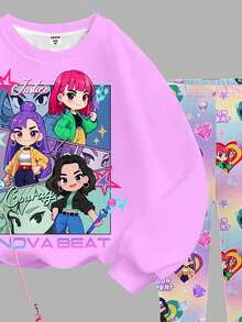 SHEIN 返校季，卡通女孩，亮紫色，K-Pop 超级明星 Rumi、Mira、Zoey，少女休闲宽松圆领长袖卫衣套装，两件套，适合秋冬季穿着 - 彩色 - 查看 4