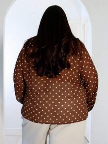 Pretty and Ole Plus Size Coffee Brown Polka Dot Chiffon Blouse, Autumn/Winter Brown Blouses Curvy Blouses Plus Size Western Outfits 70s Outfit Plus Size Chocolate Brown Top - Coffee Brown - View 2