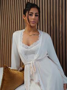 SAYEHFBABY Elegant Solid Color Lace Trim Robe & Camisole Nightgown Sleepwear Set - Apricot - View 1