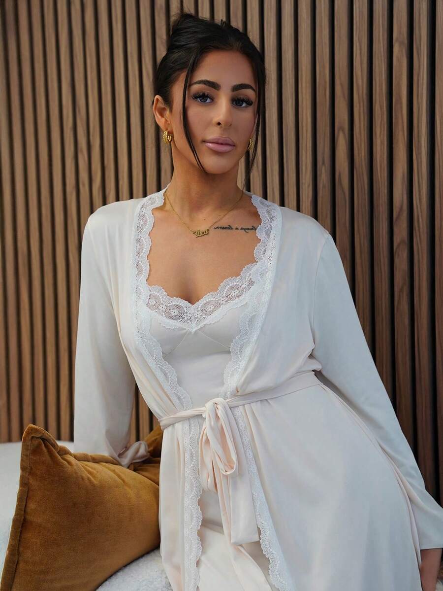 SAYEHFBABY Elegant Solid Color Lace Trim Robe & Camisole Nightgown Sleepwear Set - Apricot - View 1