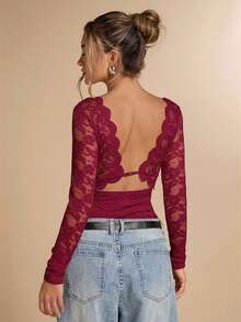 SHEIN BAE 秋冬纯白性感蕾丝长袖露背上衣，性感露背上衣，秋季上衣，露背打底衫，外套，秋季女装，复古富贵，性感简约女式上衣，适合派对、鸡尾酒会、正式场合、生日上衣 - 酒紅色 - 查看 4