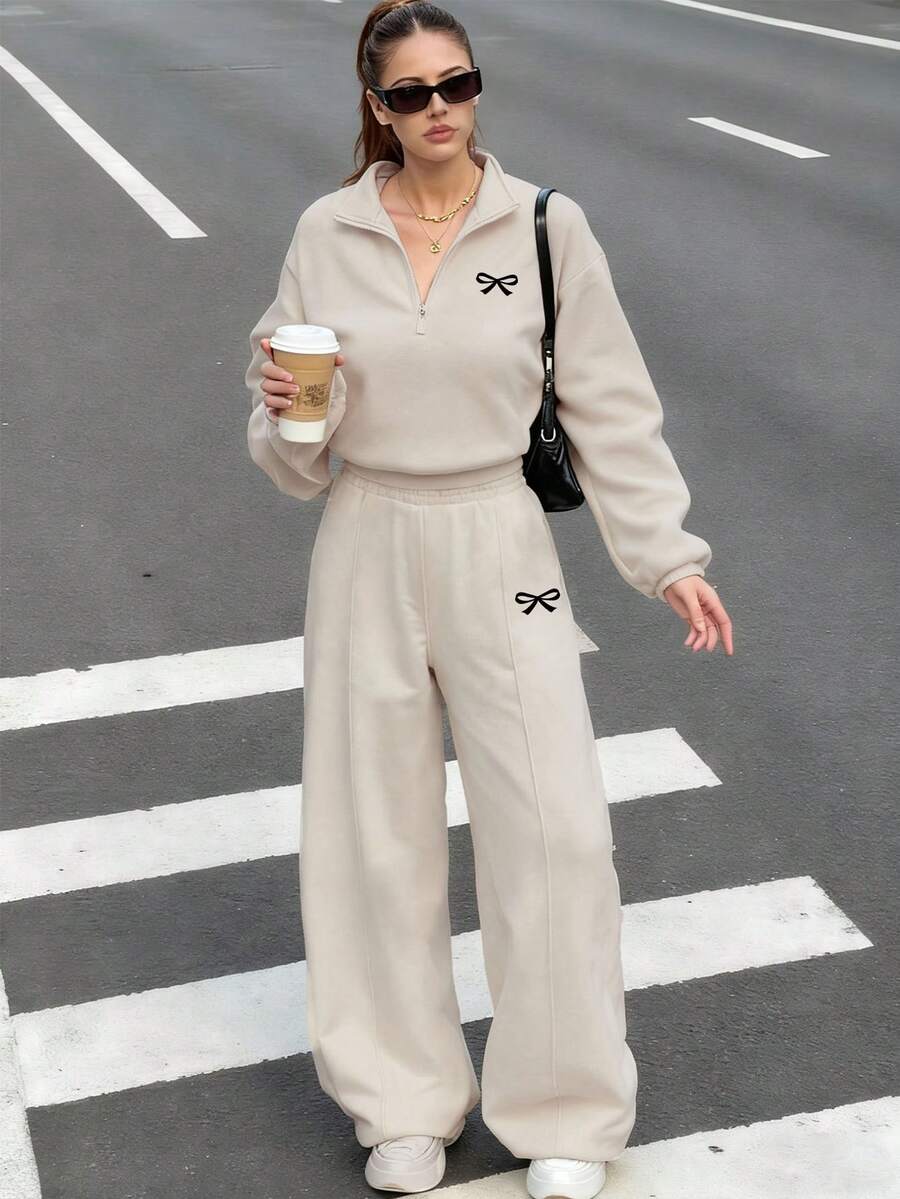 SHEIN 两件套女士休闲时尚创意个性清新优雅简约蝴蝶结印花立领半拉链卫衣和直筒裤，舒适秋冬套装