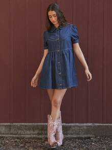 WESTFADE Peter Pan Collar Button Front Puff Sleeve Denim Babydoll Mini Dress Fall, Autumn, Winter, Casual, Cute, Western Wear, Boho, Cowgirl, New Years, NYE, Christmas