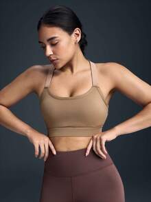 Powerista Women's Contrast Color Backless Racerback Sports Bra For Daily Workout - Brown - View 5