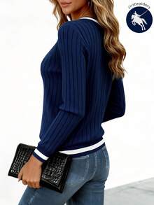 EMERY ROSE Women's Fashion Casual Elegant Embroidered Ribbed T-Shirt - Navy Blue - View 2