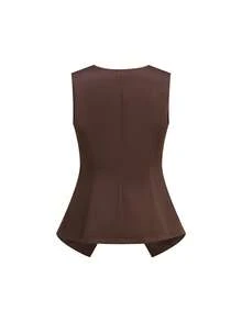 Ellevyn Women's Round Neck Sleeveless Vest Waistcoat, Metal Button Closure, Slimming Elegant Everyday Wear, Autumn/Winter/Early Spring Spring Clothing  Summer Tops Dark Brown Top Brown Outfit Women Tops - Brown - View 9
