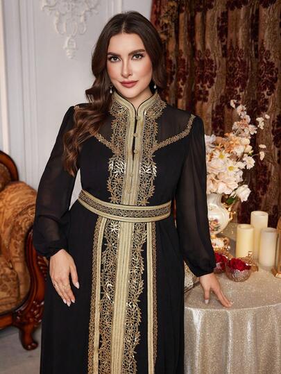Layrah Plus Size Women's Elegant Fashion Luxury Slimming Arabic Traditional Dress With Ribbon Trim Kaftan Jalabiya Dress